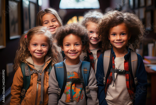 kids standing in the school corridor, portrait, back to school concept