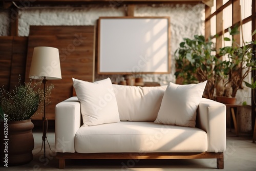 A Minimal White Sofa with White Canvas on Back, Generative Ai