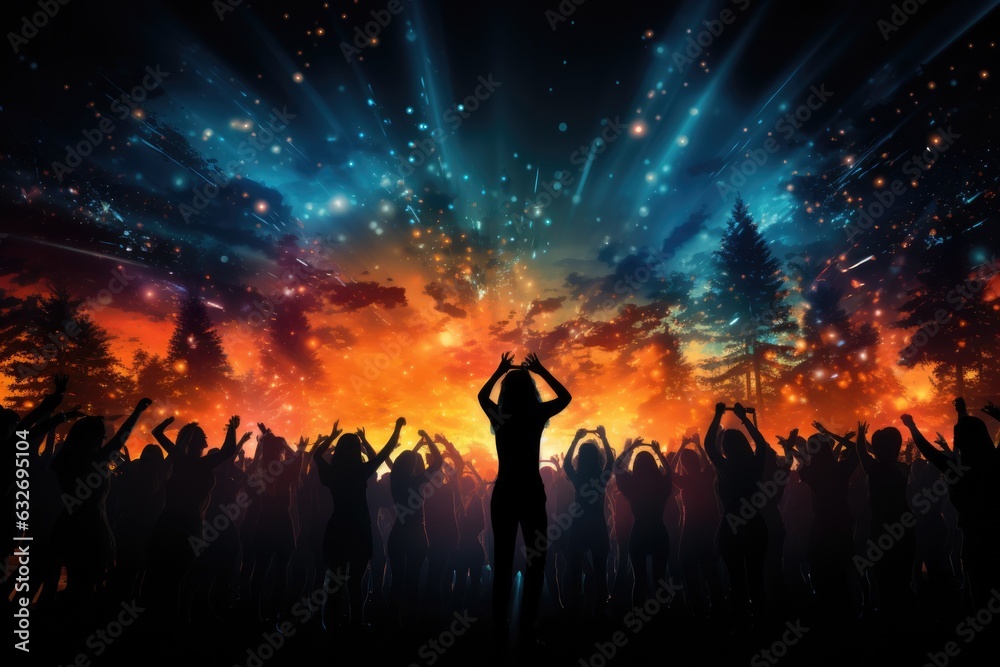 Silhouettes of dancing people with raised hands at concert. Illustration of crowd at music festival with colorful lights against the backdrop of the night forest. Silhouettes of dancing people with raised hands at concert. Illustration of crowd at music festival with colorful lights against the backdrop of the night forest.
