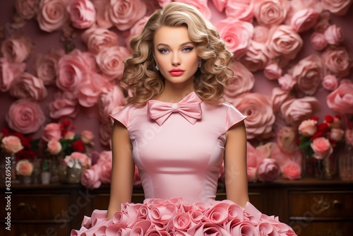 Close up of a fashionable young woman in a pink dress photo