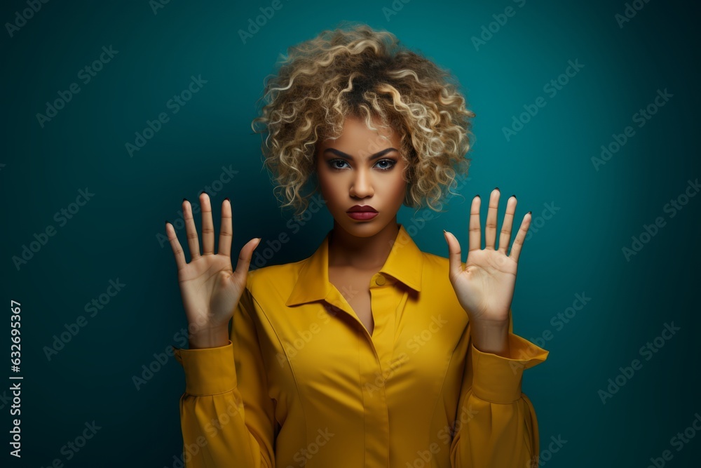 Serious self confident curly haired Afro American woman makes Stop gesture