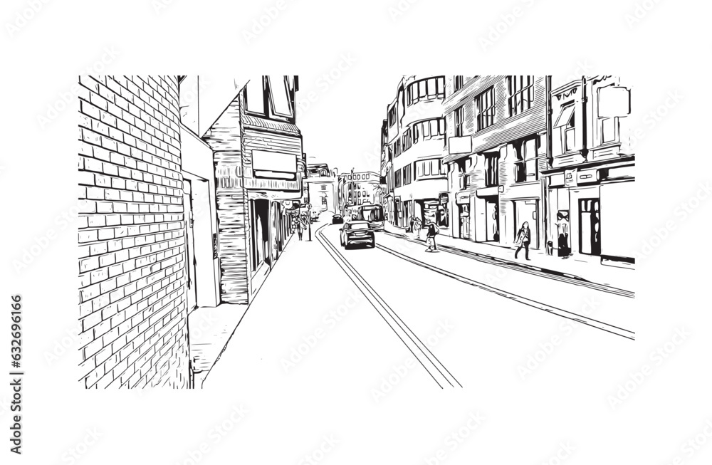 Building view with landmark of Reading is the 
town in England. Hand drawn sketch illustration in vector.