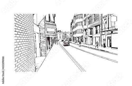 Building view with landmark of Reading is the town in England. Hand drawn sketch illustration in vector.