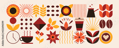 Abstract geometric coffee pattern. Natural organic flower plants shapes, coffee shop menu concept. Vector minimal illustration