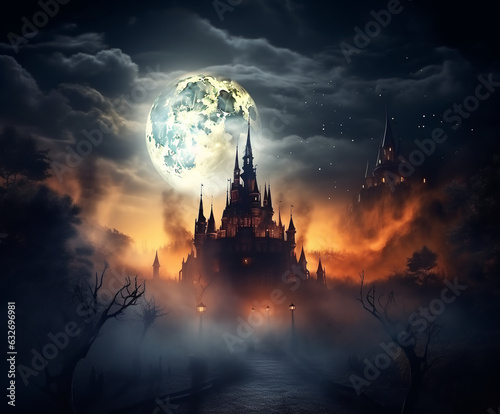 Mysterious medieval castle in fog and full moon on halloween night.