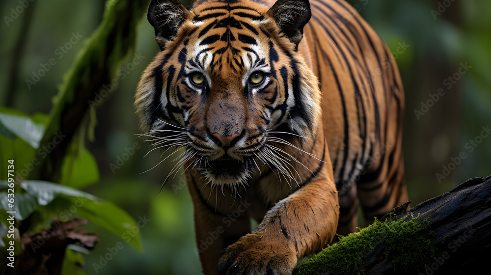 Fototapeta premium Sumatran tiger standing on a fallen tree in the Indonesian rain-forest. 