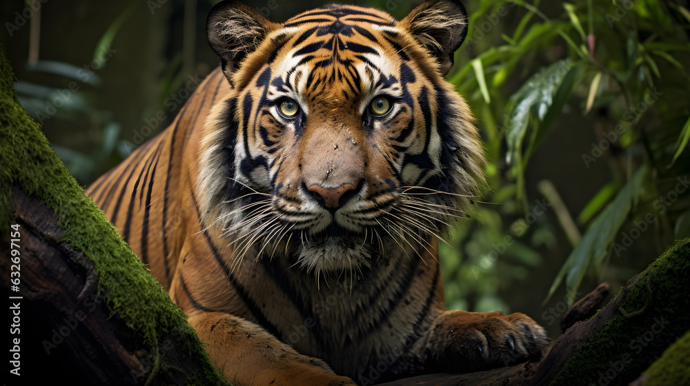 Sumatran tiger standing on a fallen tree in the Indonesian rain-forest. 