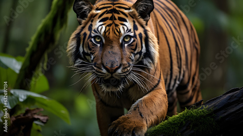 Sumatran tiger standing on a fallen tree in the Indonesian rain-forest.  © prem