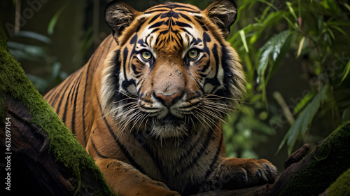 Sumatran tiger standing on a fallen tree in the Indonesian rain-forest.  © prem