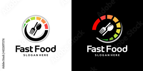 Fast food logo design template. Speed speedometer with fork spoon design graphic vector illustration. Symbol, icon, creative.