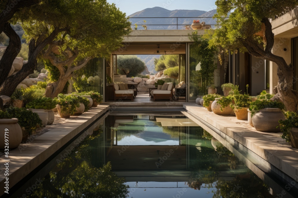 Picturesque Palm Springs garden, showcasing majestic olive trees against a backdrop of desert beauty.