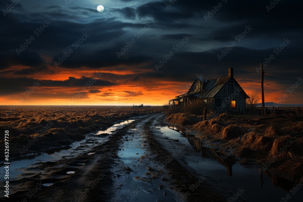 A single house stands in silence beneath the mesmerizing canvas of the night sky, portraying solitude and contemplation.