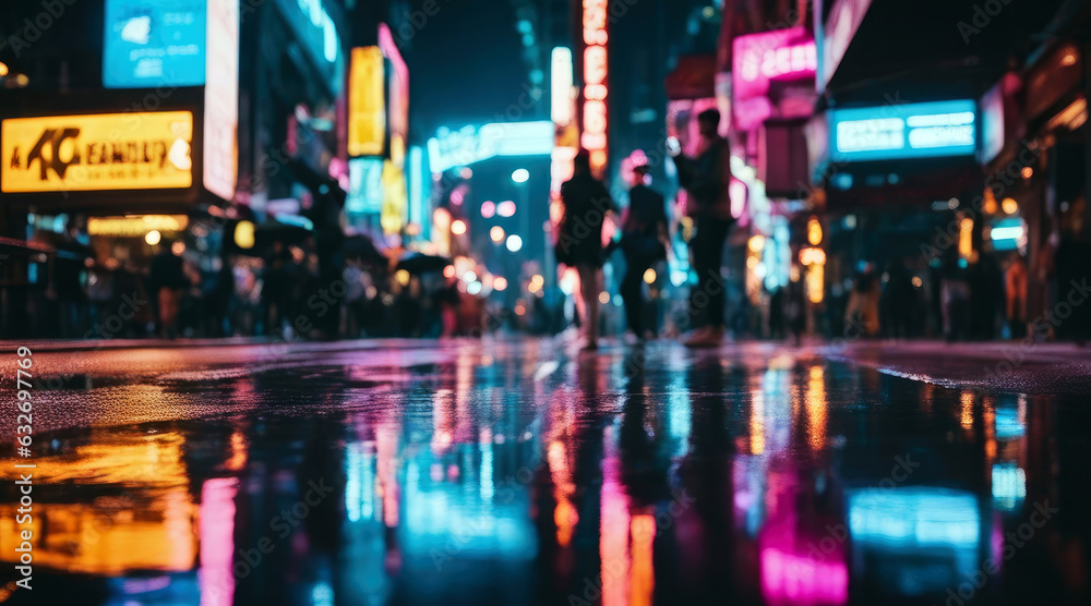 The neon lit streets come alive as rain slicked pavements reflect the vibrant cityscape, casting a kaleidoscope of colors at every corner
