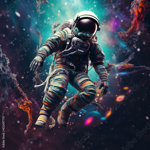 trippy astronaught floating through galaxy