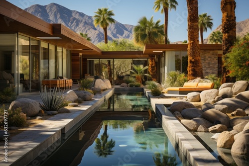 Picturesque Palm Springs garden, showcasing majestic olive trees against a backdrop of desert beauty. © Kishore Newton