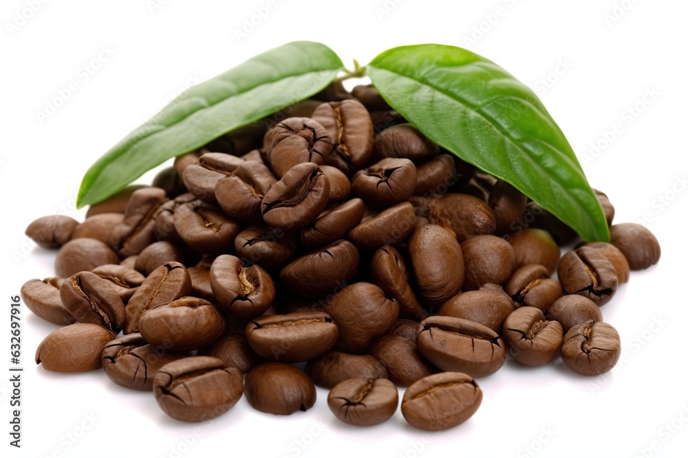 a white backdrop with foliage and coffee beans. Generative AI a white backdrop with foliage and coffee beans. Generative AI