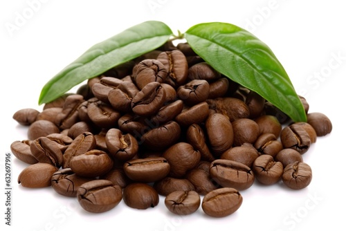 a white backdrop with foliage and coffee beans. Generative AI