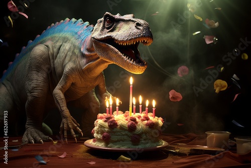 A whimsical scene captures a dinosaur joyfully blowing out candles on a birthday cake, blending fantasy and festivity in playful harmony.
 photo