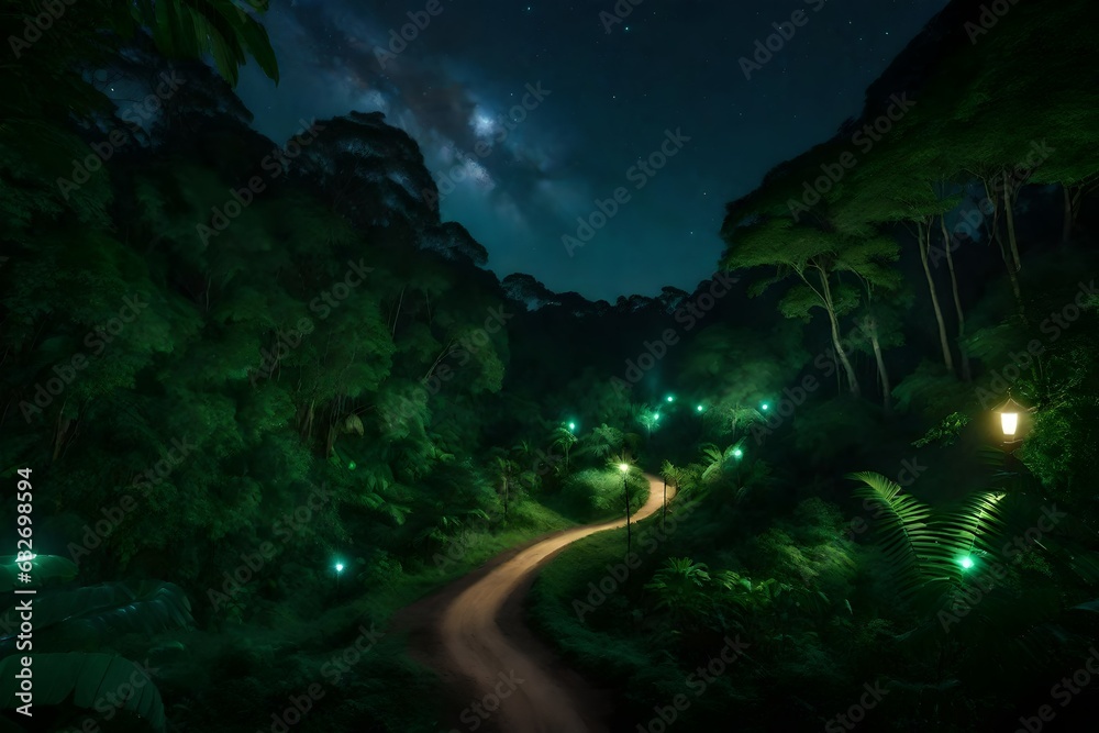 A serene path winds through the heart of a lush rainforest under a starlit night sky - AI Generative