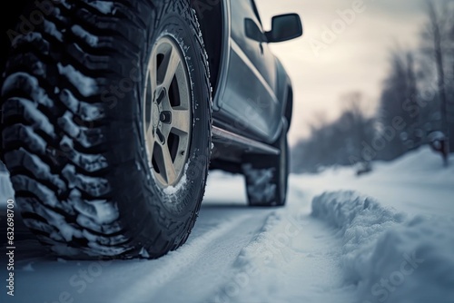 a close-up of a car's rubber tires in deep snow with a focus on safety and mobility. Generative AI © Vusal