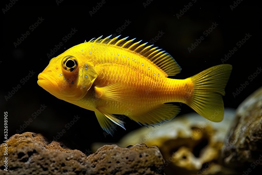 An aquarium's detailed photo of a yellow cichlid fish. Generative AI An aquarium's detailed photo of a yellow cichlid fish. Generative AI