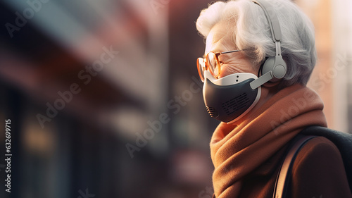 Woman wearing an air filter face mask for filtration and anti-pollution and better air quality in the city  photo