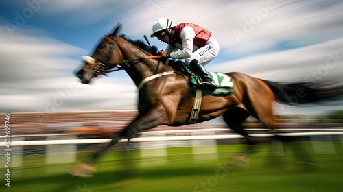 Racehorses passing the Winning Post, horse photo finish with slow shutter speed and camera pan for blurred effect