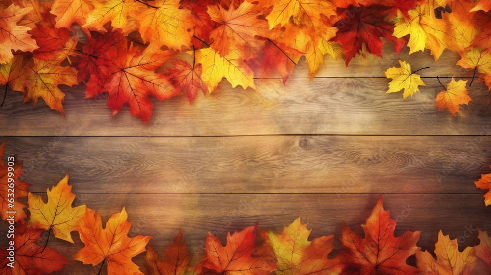 Illustration of a wooden background with autumn maple leaves