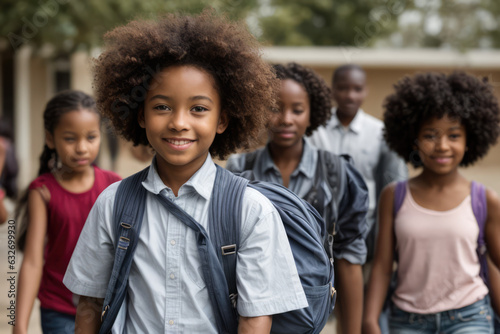 Back to School, Smiling boy walking to school with classmates