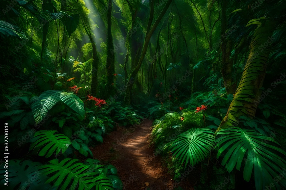 A vibrant jungle alive with an explosion of colors, from the lush green foliage to the vividly hued flowers - AI Generative