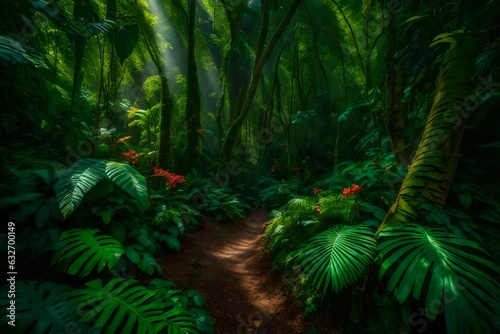 A vibrant jungle alive with an explosion of colors  from the lush green foliage to the vividly hued flowers - AI Generative