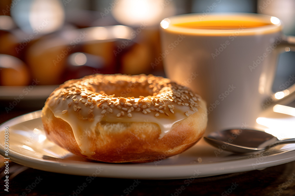 Portion of dessert with cup of morning coffee, fresh oven baked bagels with sesame on plate on the table. Free space for text. Generative AI