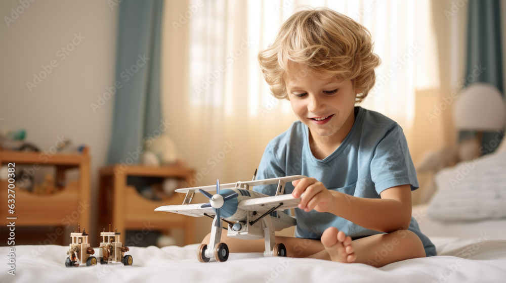 Happy child boy playing with a wooden toy airplane Happy child boy playing with a wooden toy airplane