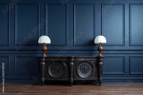 Carved console table against classic dark blue paneling wall with moldings ai generated