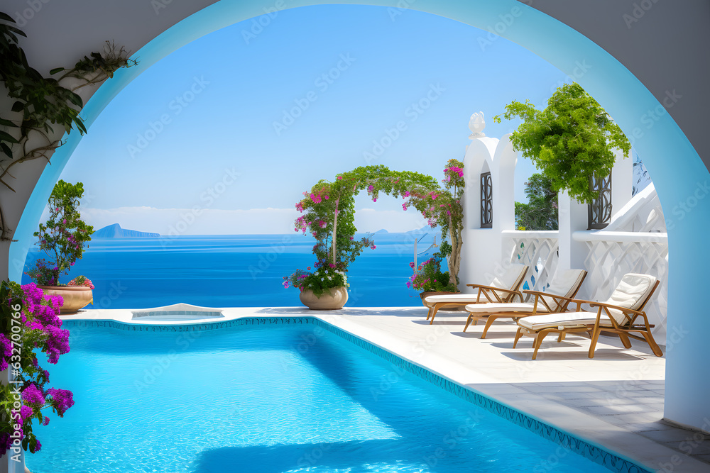 Fototapeta premium pool with stunning sea view. Traditional mediterranean white architecture with arch. Summer vacation concept generated
