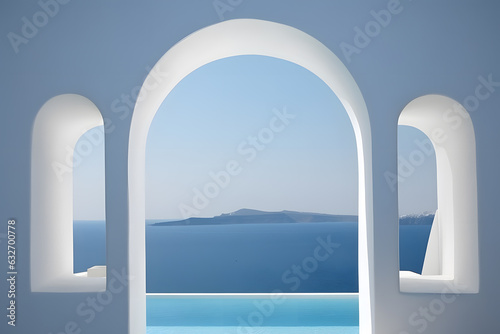 pool with stunning sea view. Traditional mediterranean white architecture with arch. Summer vacation concept generated