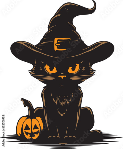 Halloween cat in a witch hat and pumpkin, Vintage cat head, halloween black cat Vector illustration, SVG