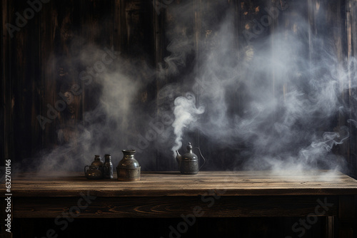 Wooden table with iron utensils, dry grass, smoke, Halloween vibe 