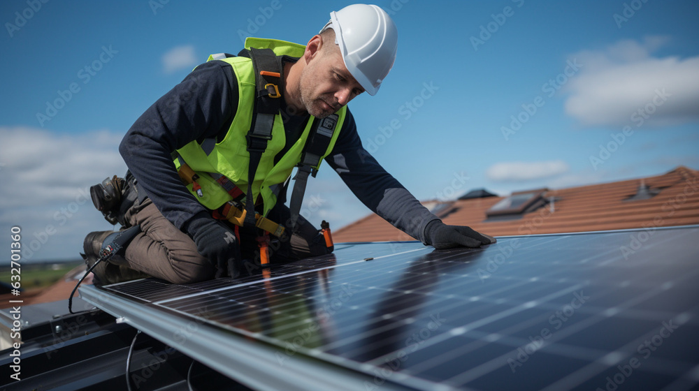 Empowering Homes: High-Resolution Photograph of a Male Worker Installing Solar Panels on a Private Roof, Symbolizing the Shift to Renewable Energy