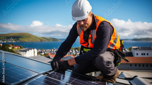 Wallpaper Mural Empowering Homes: High-Resolution Photograph of a Male Worker Installing Solar Panels on a Private Roof, Symbolizing the Shift to Renewable Energy Torontodigital.ca