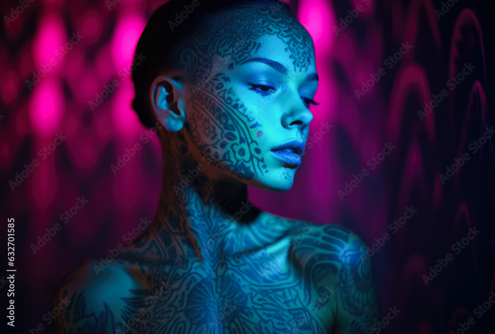 Young woman with glow paint on her face and body. Artistic makeup concept image. Generative AI.