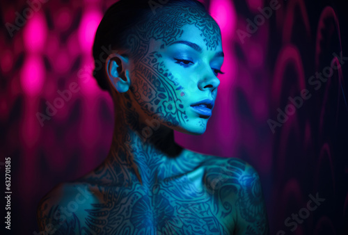 Young woman with glow paint on her face and body. Artistic makeup concept image. Generative AI.