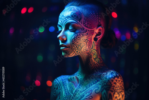 Young woman with glow paint on her face and body. Artistic makeup concept image. Generative AI.