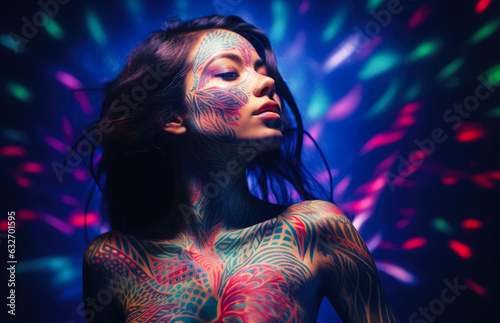Young woman with glow paint on her face and body. Artistic makeup concept image. Generative AI.