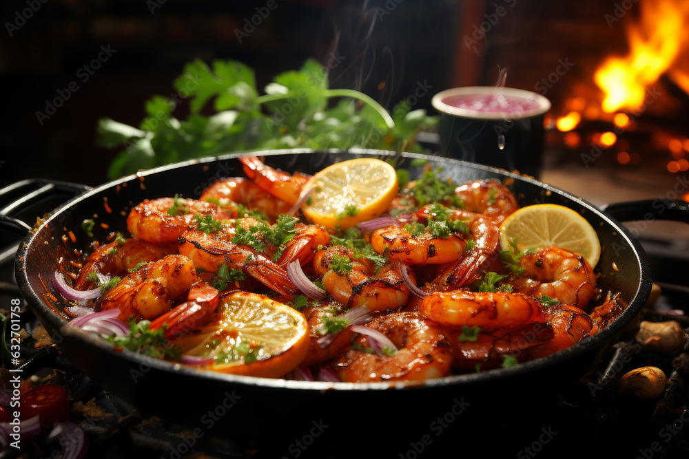 Shrimp fried in a frying pan with lemon, pepper, onion and parsley, cooking seafood with vegetables on fire with smoke Shrimp fried in a frying pan with lemon, pepper, onion and parsley, cooking seafood with vegetables on fire with smoke