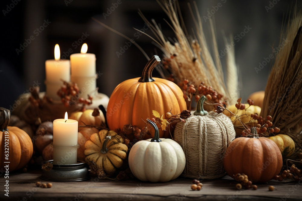 Orange pumpkins with candles on wooden table. Holiday autumn festival. Thanksgiving and harvest concept Orange pumpkins with candles on wooden table. Holiday autumn festival. Thanksgiving and harvest concept