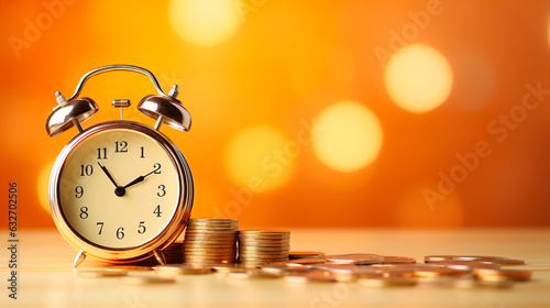 Time is money concept. Coin stack with alarm clock on yellow background with bokeh