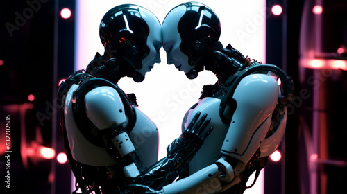 Two robots standing side by side, showcasing the beauty of artificial intelligence and technology