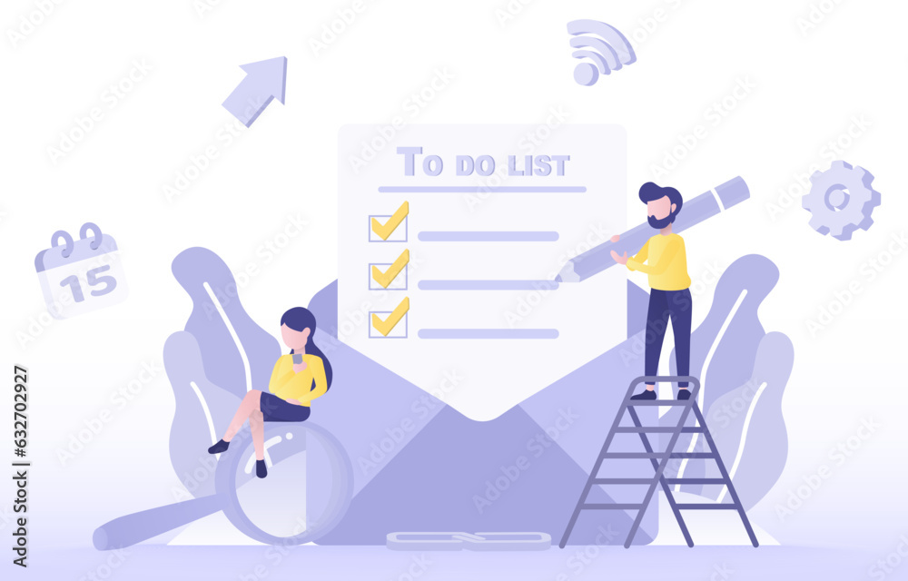 Electronic to-do lists and planning checklist concept. Business people holding a pencil to check on paper. Daily work plan and note. Flat vector design illustration.