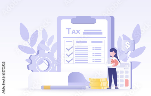 Income tax filling to process of submit to government for taxation purposes. Accountant calculate revenue, fill out tax forms, manage taxes. Flat vector design illustration.